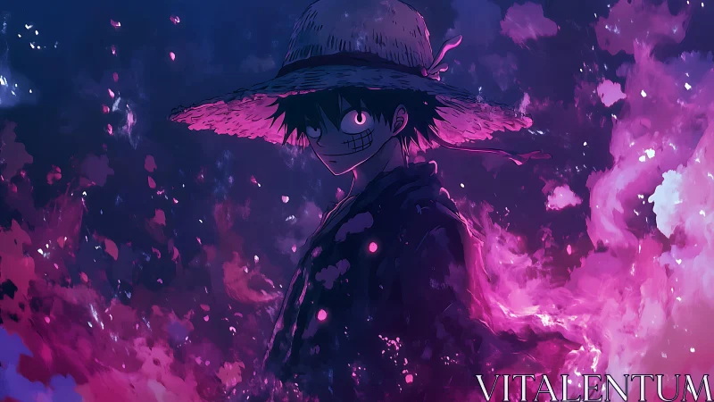 Backlit straw-hatted figure framed by magenta particulate energy field