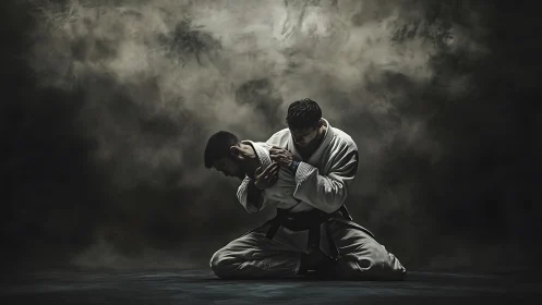 Kneeling jiu-jitsu grapplers locked in dramatic chokehold.