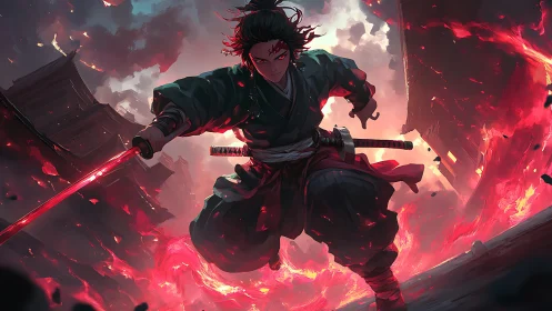 Fiery samurai warrior charges through a burning village.