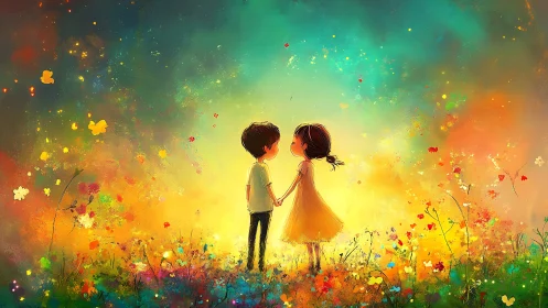 Two Children Holding Hands in Luminous Flower Field at Sunset