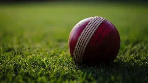 Close-focus optical study of worn red cricket ball on pitch.