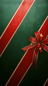 Diagonal red bow accents on green holiday gift wrap surface