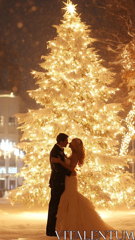 Newlywed couple embrace under glowing snowy Christmas tree.