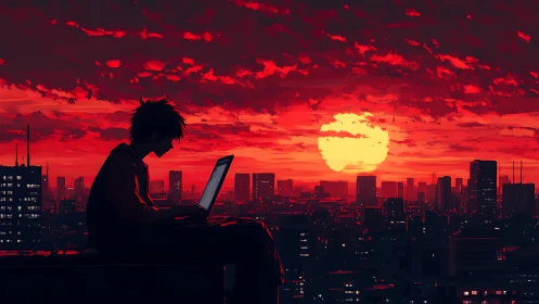 Silhouetted rooftop coder contrasts neon-red city and solar disk