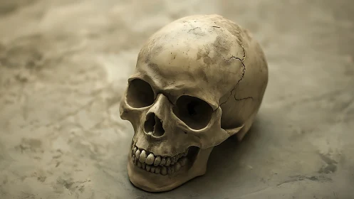 Quiet skull study on softly lit stone surface.