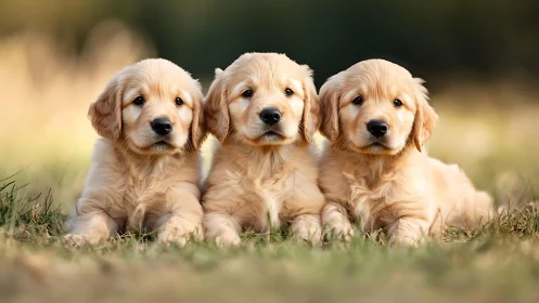 Golden puppy trio resting together in soft afternoon light.
