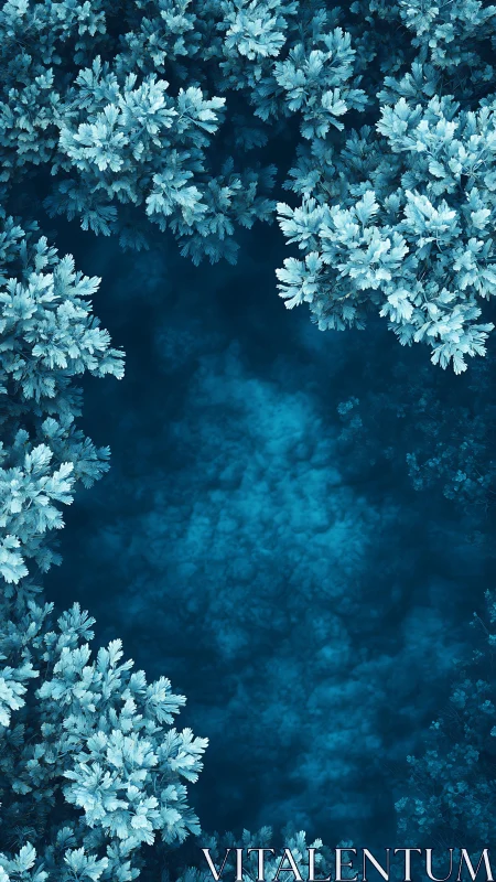 Frosted treetop border framing deep teal forest void.