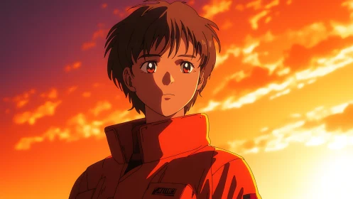 Anime pilot portrait rendered against dramatic sunset sky