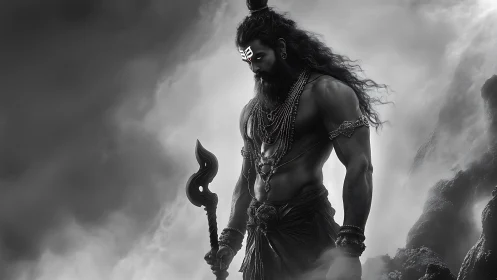 Storm-wreathed ascetic studies the mountains before dawn