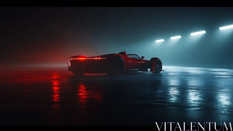 Sleek red supercar rests in a misty tunnel of soft lights