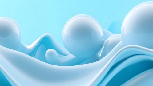 Glossy Blue Spheres on Abstract Fluid Wave Background, 3D Render.