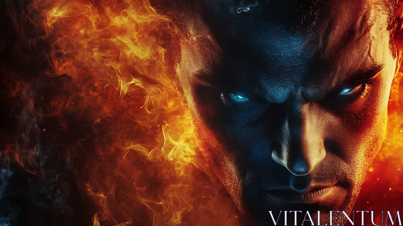 Fiery blue-faced male figure stares forward with glowing eyes