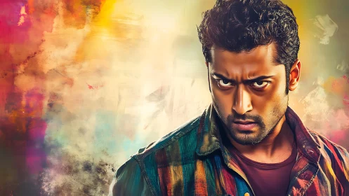 Intense male portrait merges realism with vibrant painterly bokeh