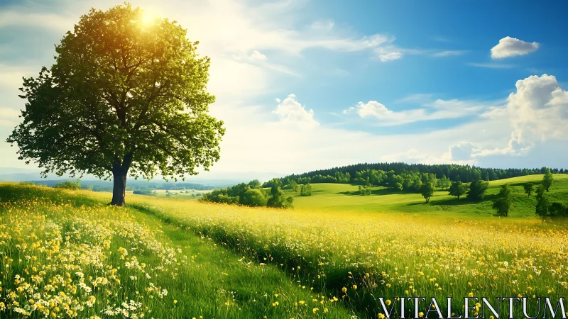 Single sunlit tree dominates rolling spring meadow under sky
