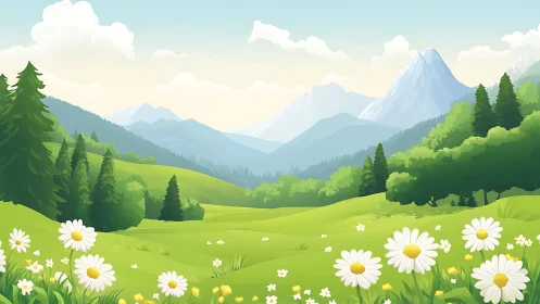 Idyllic alpine meadow with daisies under layered blue mountains.