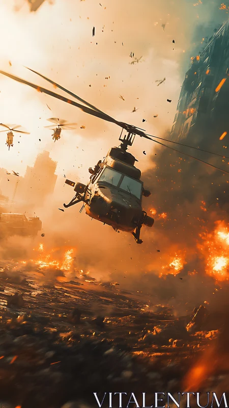 Military helicopters dive through burning urban warzone.