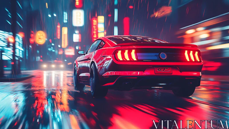 Neon-luminance sports coupe in wet urban motion study.