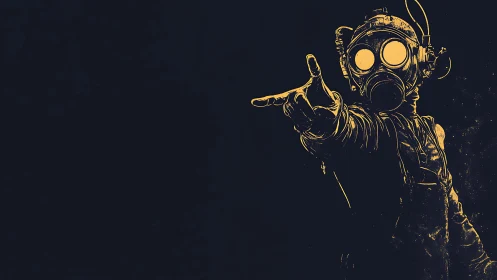Gas mask figure reaches outward in stark yellow contrast