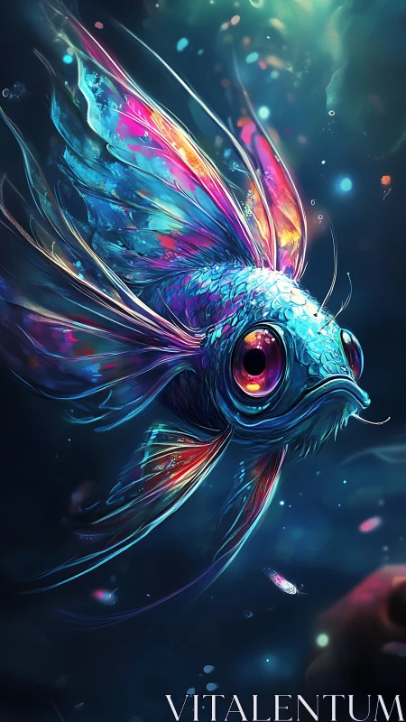 Neon cosmic fish glides through luminous deep ocean.