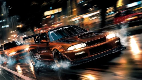 Midnight tuner street race on neon drenched wet city road.