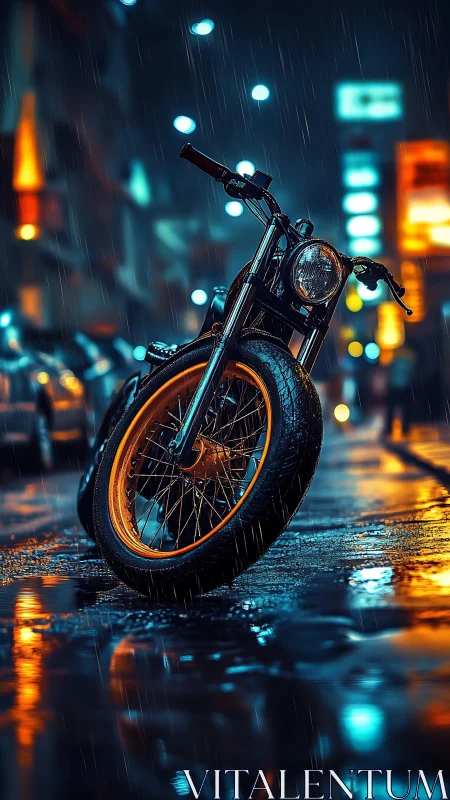 Custom motorcycle leans into neon rain on slick city street.