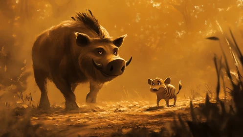 Two stylized wild pigs stand on a dusty forest path