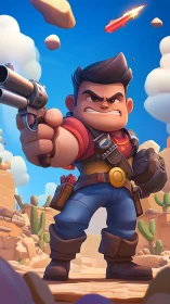 Cartoon desert gunslinger aiming revolver in canyon standoff.