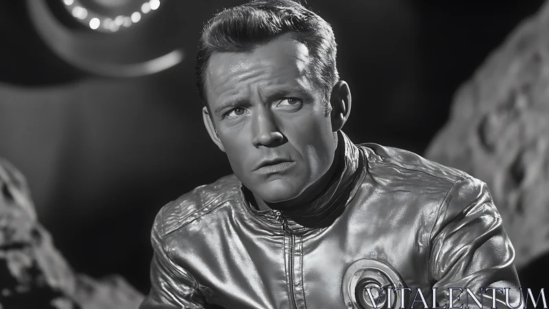 Monochrome portrait of man in metallic sci‑fi uniform.