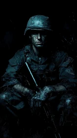 Low-key tactical portrait of seated infantry soldier in shadow.