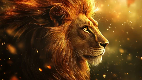 Sun-forged lion gazes into ember-dusted golden distance