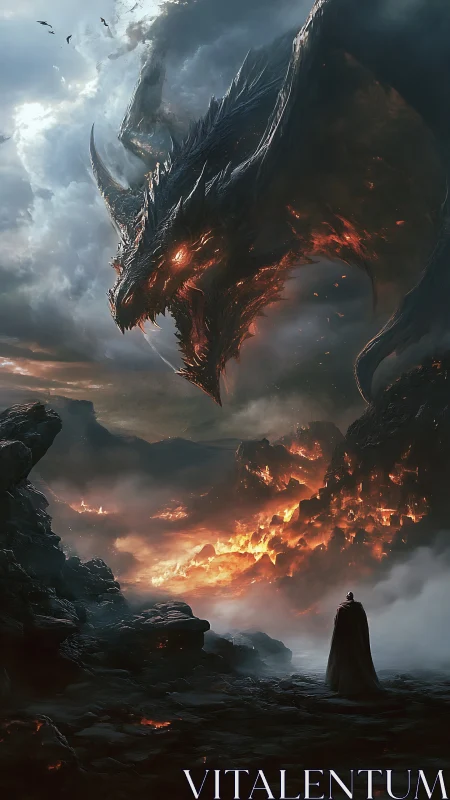 Armored hero confronts colossal fire dragon in stormy inferno
