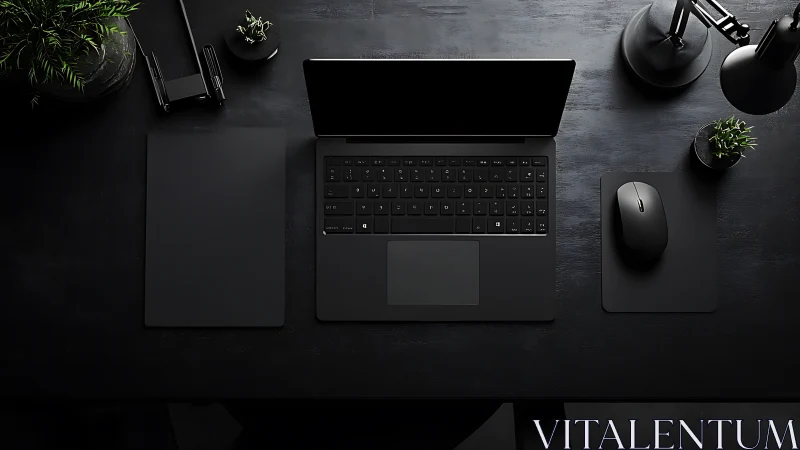 Cozy minimalist workspace with sleek black laptop and plants.