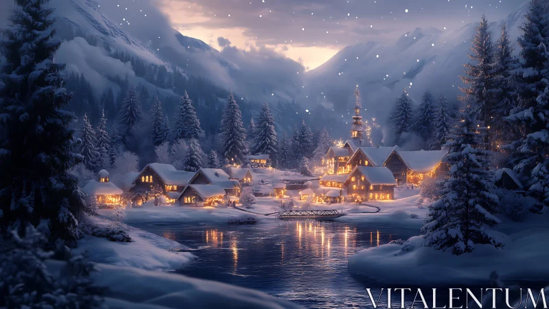 Snow-covered mountain village with illuminated riverside buildings.