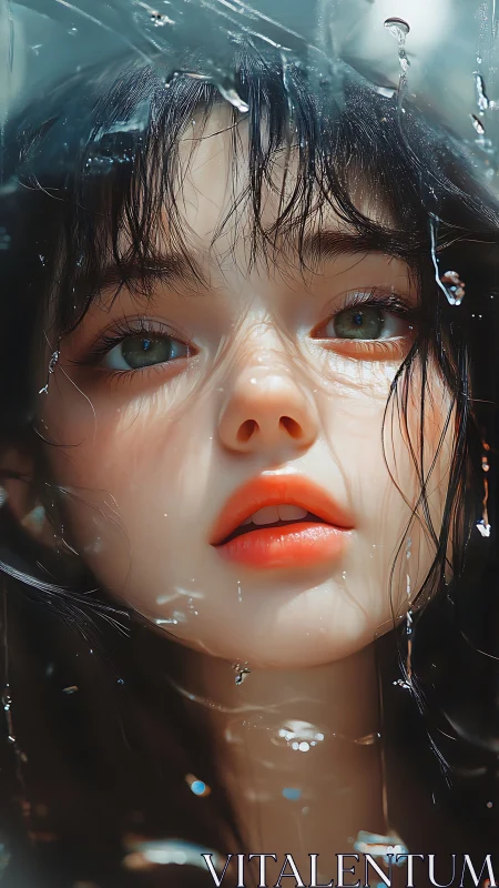 Close frontal portrait of wet-haired girl under water film.