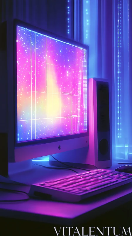 Retro desktop computer glows with neon galaxy display