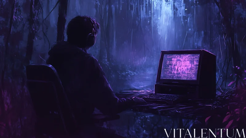 Solitary coder operates retro terminal amid bioluminescent forest