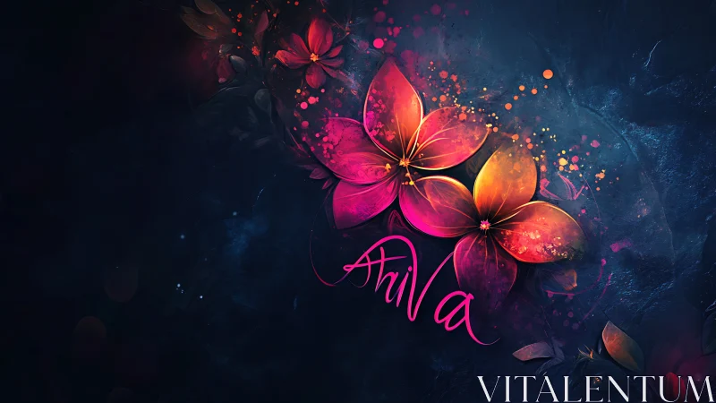 Neon Floral Composition: Luminous Pink Flowers Against Dark Background