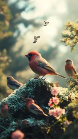 Digital painting of songbirds on mossy bloom-lit outcrop.