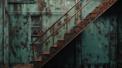 Rusty metal staircase ascends along corroded teal wall