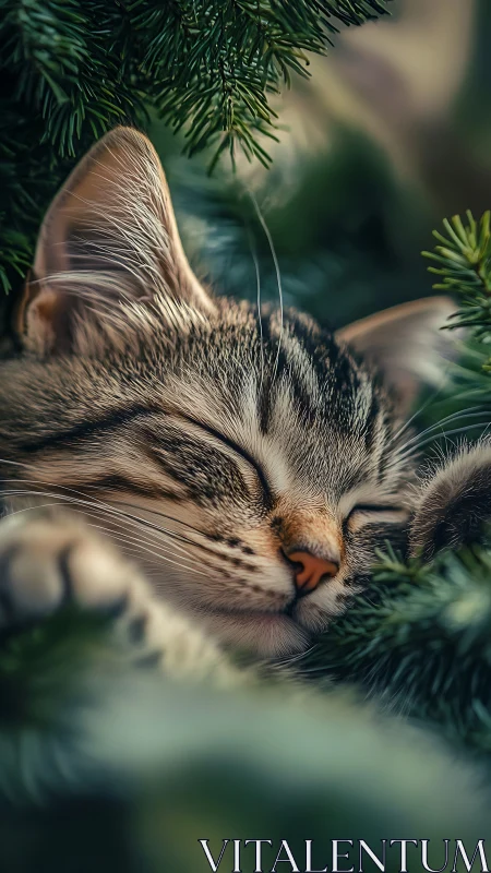 Tabby cat resting among evergreen pine branches