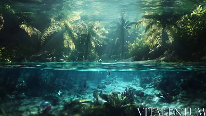 Split-level aquatic scene with tropical vegetation and coral formations.