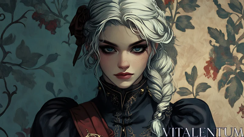 Victorian braid and fierce gaze in a split floral world.