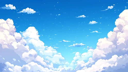 Bright blue sky framed by towering fluffy white clouds.