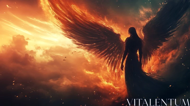 Fiery winged angel rises in a storm of light and shadow