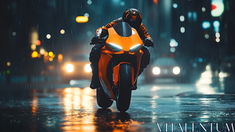 Sport motorcycle cuts through rainy neon city street at night