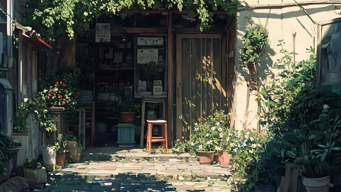 Sun-dappled alley shop cradled in overflowing garden calm.