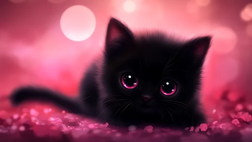 Black cat with glowing pink eyes sits in surreal pink environment.