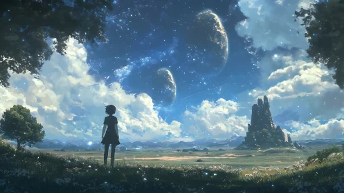 Wide-angle cosmic landscape shows lone figure beneath dual planets