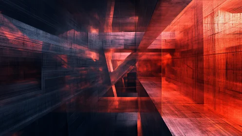 Futuristic abstract architecture with glowing red and dark tones.