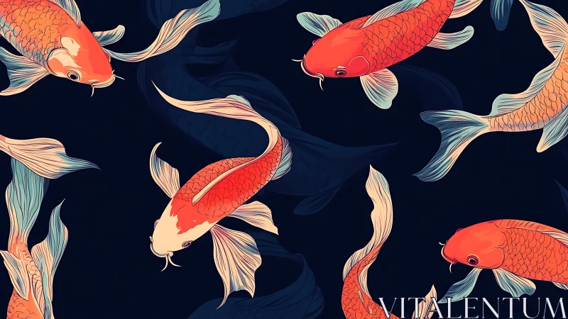 Koi fish swim across dark background in repeating pattern